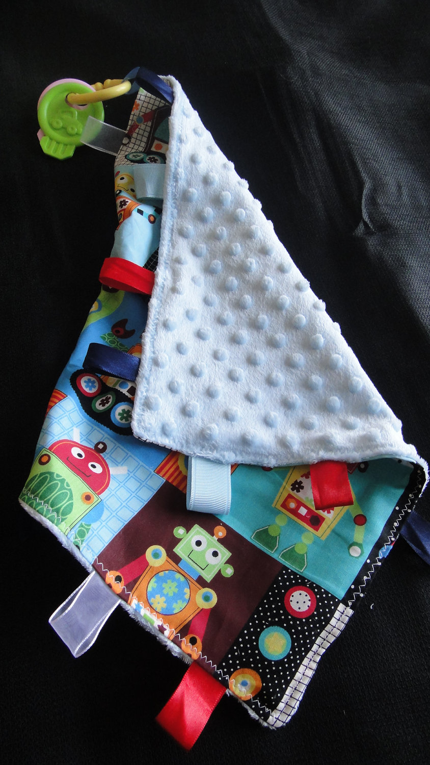 Blue Robots Lovey Minky Security Blanket Baby Cotton Fabric